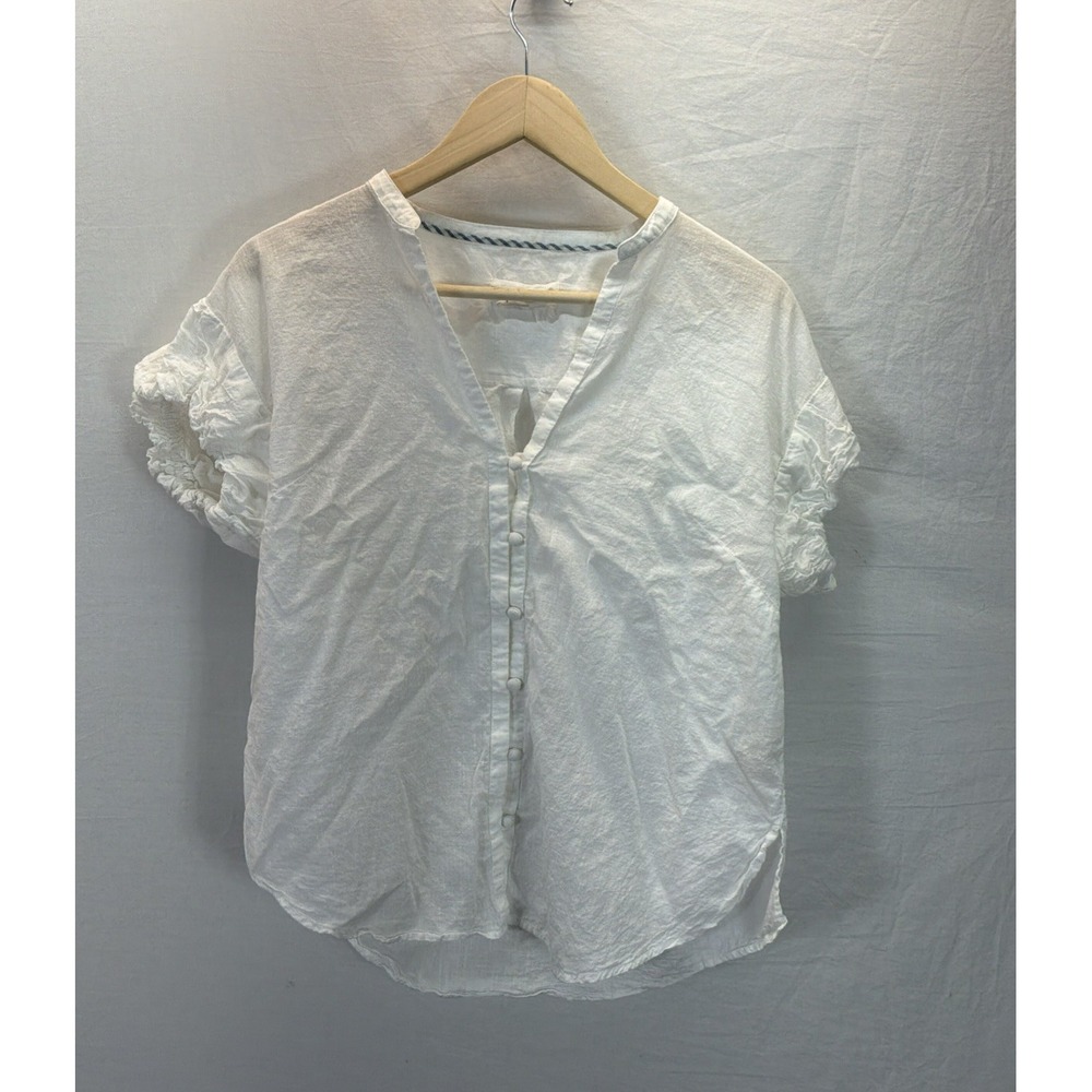 Anthropologie Women's White Pinch Puff Button V-Neck Blouse Casual Beach Sz M